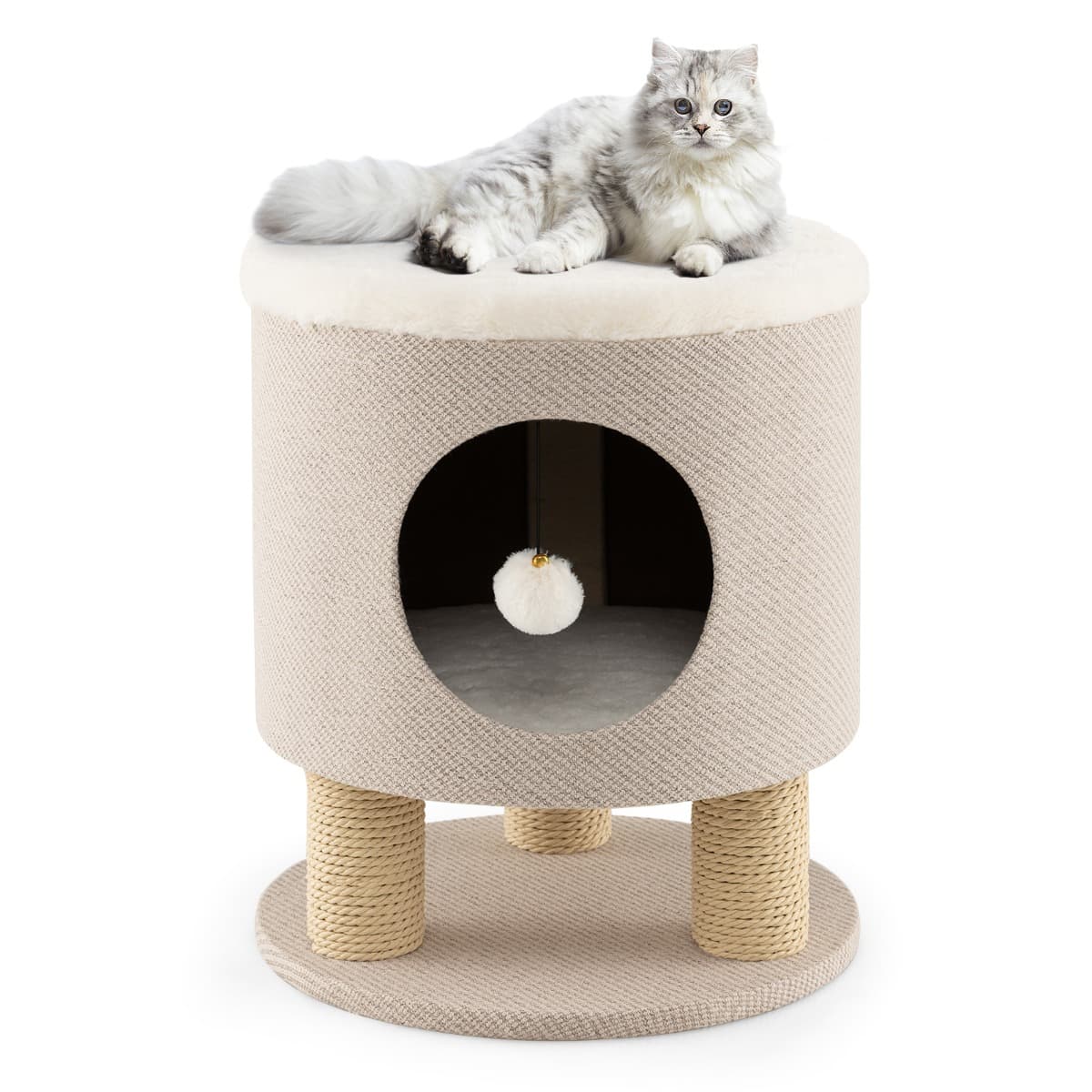 CostwayArbre à Chat 47 CM avec Condo et Poteaux Griffoir Charge 60 KG Tour de Jeux pour Chats avec Balle en Peluche Beige