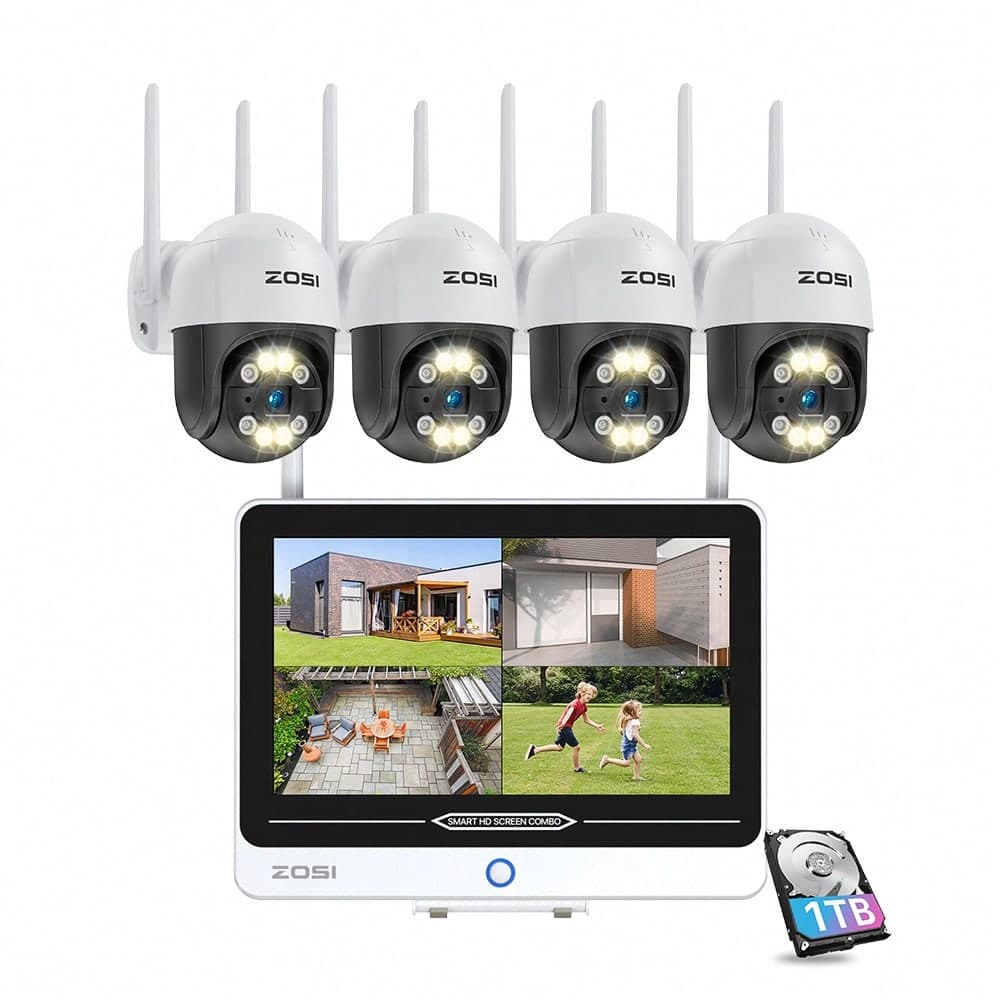 ZOSI 8CH 2K H.265+ 1To Kit Caméra de Surveillance WiFi, 5MP NVR Tout-en-Un Moniteur 12,5 Pouces, 4X Caméra IP 3MP sans Fil Extérieure, Vision