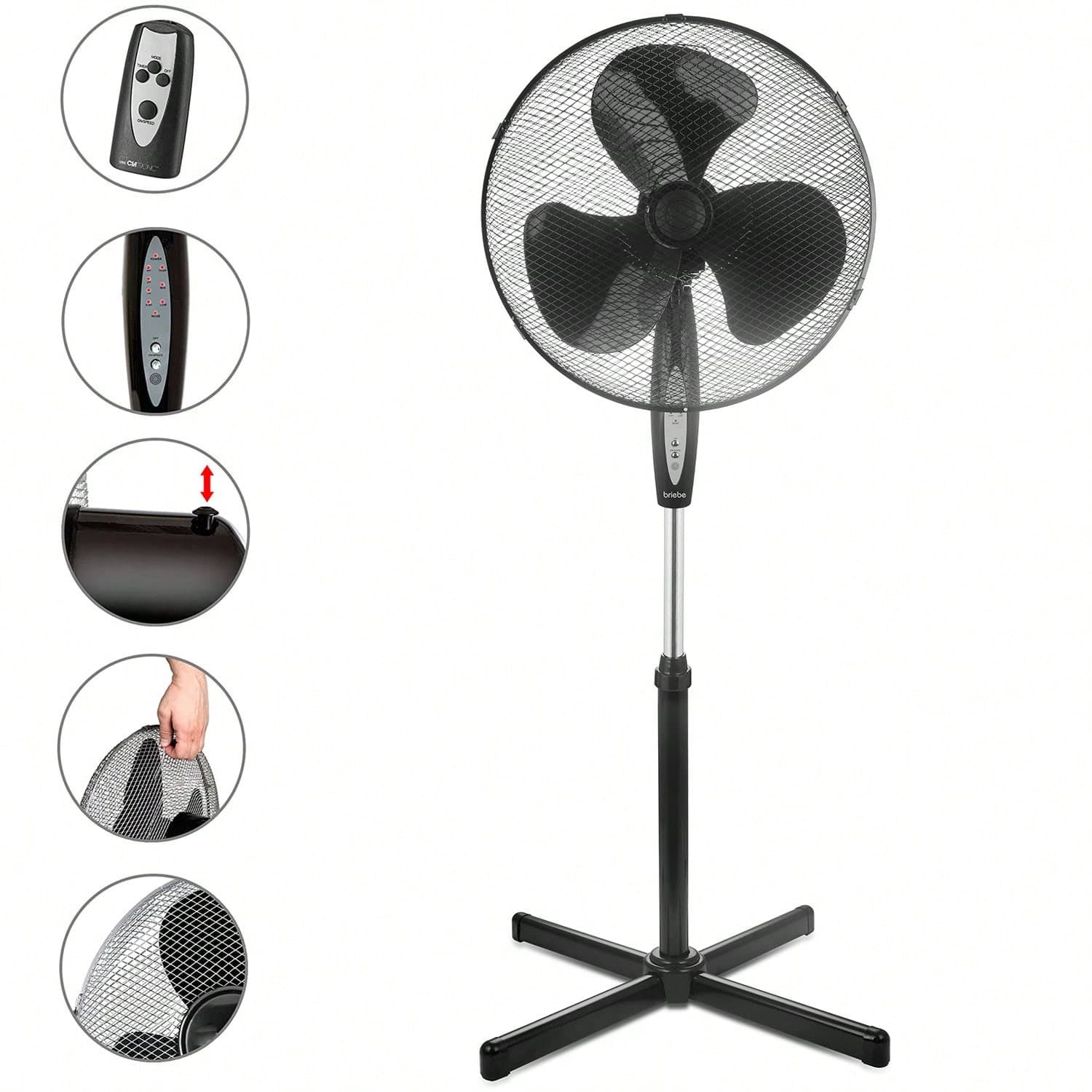 Ventilateur sur Pied Silencieux, Télécommande, Minuterie jusqu'à 7,5 Heures, Briebe, FN122397, 45W, Noir