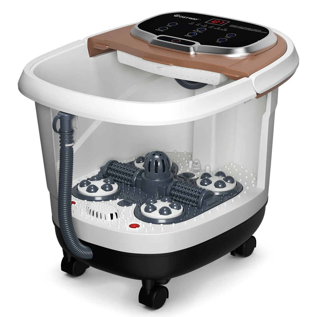 CostwayBain de Pieds 15L avec Ecran LED 6 Rouleau de Massage C Chaleur Automatique 35℃-48℃ Fonction de Douche et Lumière Café