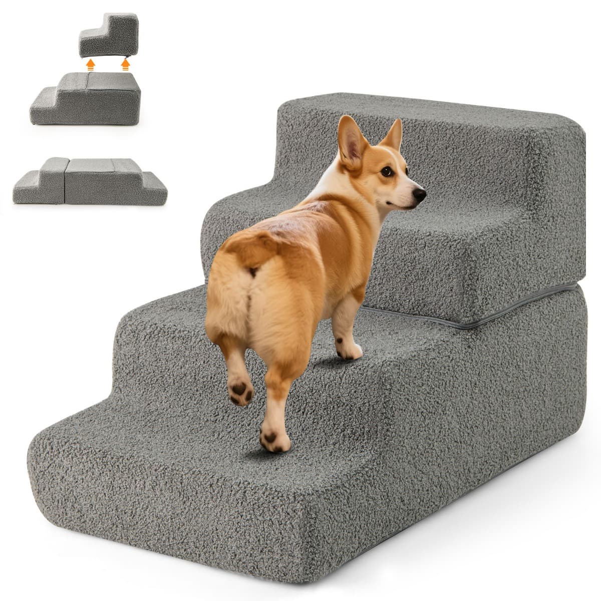 CostwayEscalier pour Chien à 4 Marches en Éponge Escalier pour Animaux Antidérapant avec Housse Amovible Lavable Gris